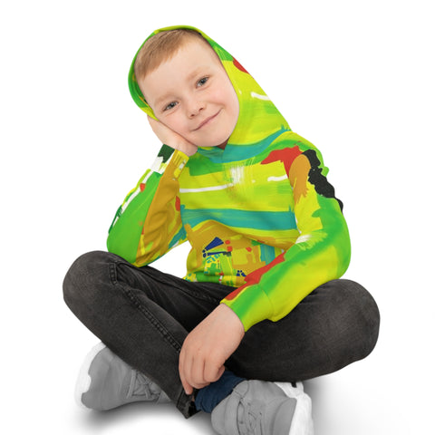 Kids Abstract Green Hoodie — Bright All-Over Print Sweatshirt