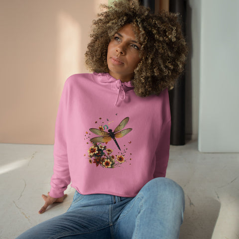 Dragonfly Floral Crop Hoodie — Botanical Watercolor Dragonfly Graphic