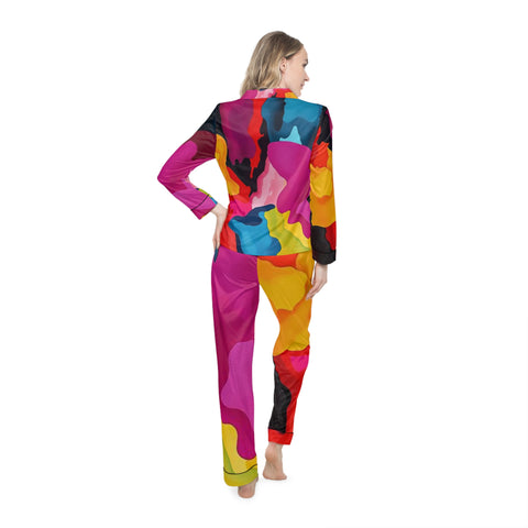Satin Pajamas — Vibrant Abstract Color Splash Sleep Set
