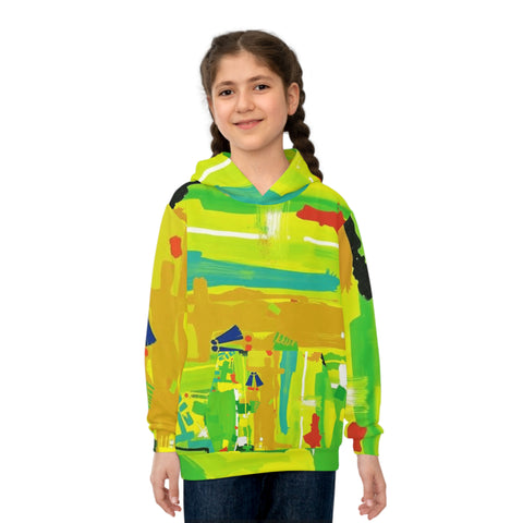Kids Abstract Green Hoodie — Bright All-Over Print Sweatshirt
