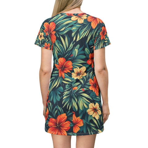 Floral Hibiscus T-Shirt Dress — Tropical All-Over Print Summer Dress