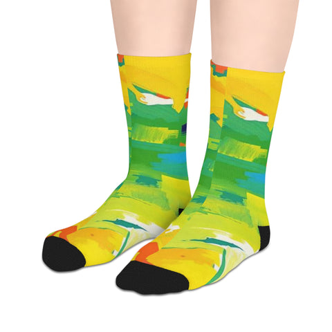 Colorful Abstract Art Mid-Length Socks — Bright Yellow Green Paint Splash Design