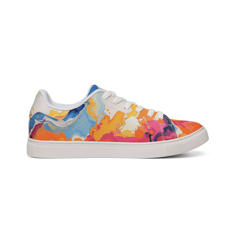 Men's Low-Top Leather Sneakers — Vibrant Abstract Watercolor Print