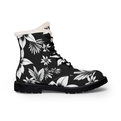 Floral Fur-Lined Leather Boots — Black & White Winter Combat Boots