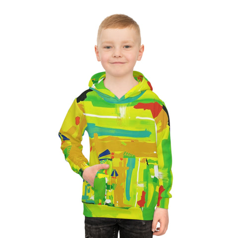 Kids Abstract Green Hoodie — Bright All-Over Print Sweatshirt