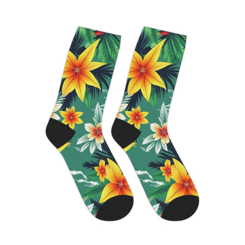 Tropical Floral Mid-Length Socks — Green Hibiscus Beach Print