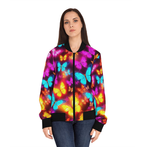 Butterfly Glow Bomber Jacket — Vibrant Neon Butterflies All-Over Print