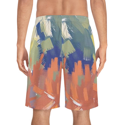 Abstract Brushstroke Men's Board Shorts — Colorful Summer Swim Trunks