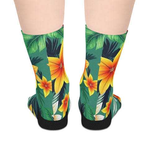 Tropical Floral Mid-Length Socks — Green Hibiscus Beach Print