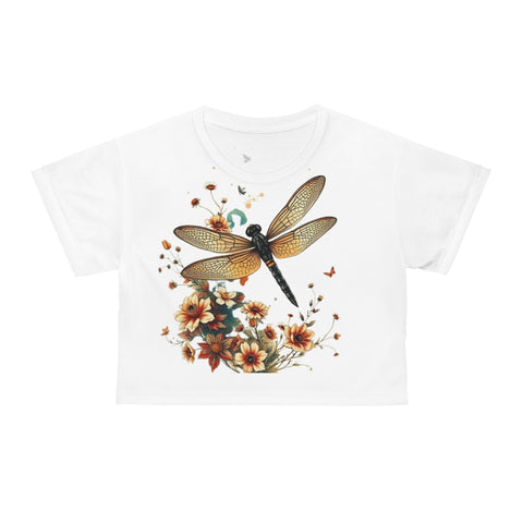 Dragonfly Floral Crop Tee — Vintage Botanical Summer Top