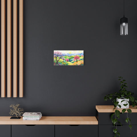 Spring Meadow Canvas Wall Art — Colorful Cherry Blossom Landscape, Stretched Matte Canvas