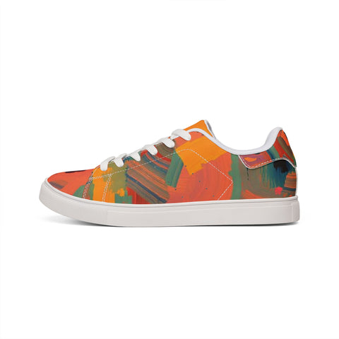 Men's Low-Top Sneakers — Abstract Orange Art Leather Shoes
