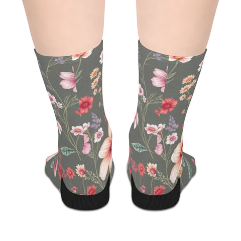 Floral Blooms Mid-Length Socks — Vintage Green Pink Flower Crew Socks