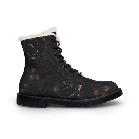 Women's Black Rose Fur-Lined Leather Boots — Warm Winter Lace-Up Combat Style