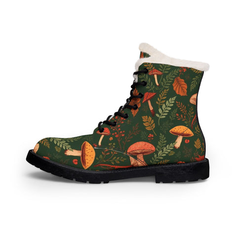 Mushroom Forest Fur-Lined Leather Boots — Cozy Women's Autumn Lace-Up