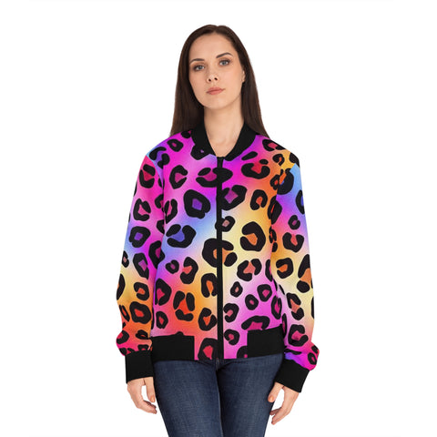 Rainbow Leopard Bomber Jacket — Women's Colorful Animal Print