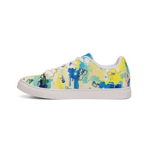 Abstract Watercolor Low-Top Leather Sneakers — Yellow Blue Splash
