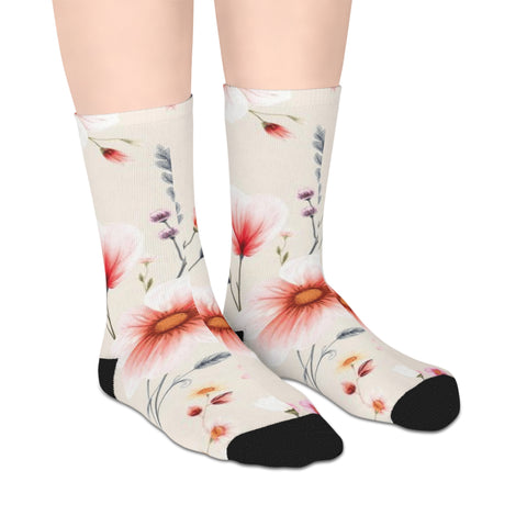 Floral Mid-Length Socks — Soft Pink Watercolor Blooms Pattern