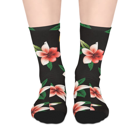 Tropical Plumeria Mid-Length Socks — Floral Black Crew Socks