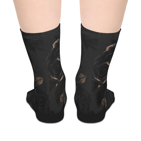 Black Rose Mid-Length Socks — Gothic Floral Crew Socks