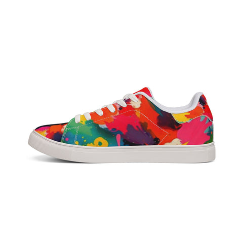 Men's Low-Top Leather Sneakers — Vibrant Multicolor Abstract Paint Splash Design