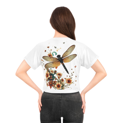 Dragonfly Floral Crop Tee — Vintage Botanical Summer Top