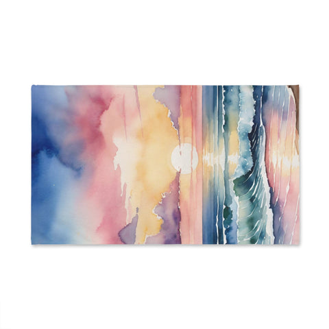 Sunset Ocean Watercolor Hand Towel — Beach Waves Sunrise Kitchen Towel