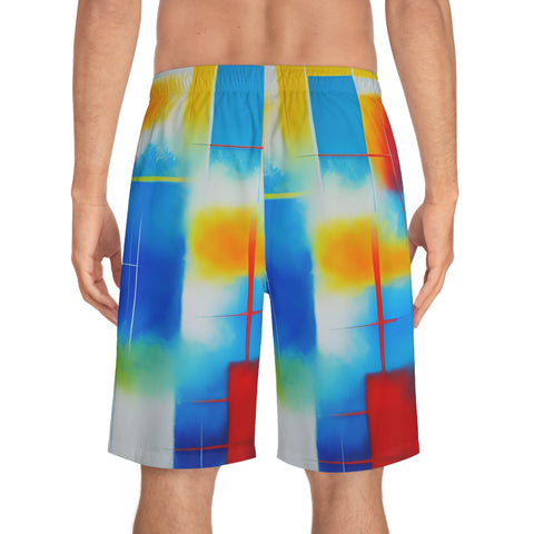 Abstract Color Block Board Shorts — Vibrant Summer Swim Trunks