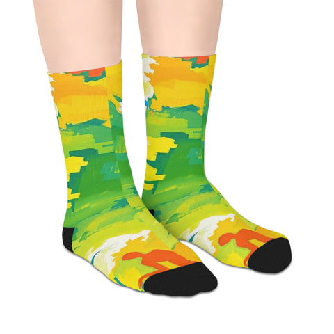 Colorful Abstract Art Mid-Length Socks — Bright Yellow Green Paint Splash Design