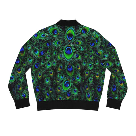 Peacock Feather All-Over Print Bomber Jacket — Women's Vibrant Green Blue Statement Outerwear