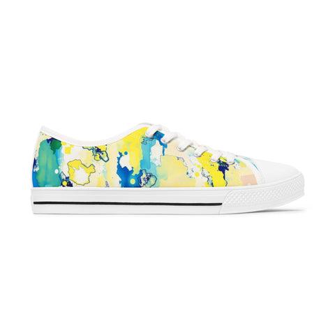Low Top Sneakers — Abstract Watercolor Yellow & Blue Canvas Tennis Shoes