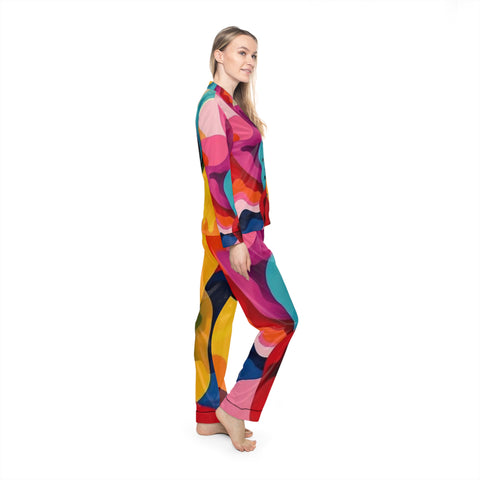 Colorful Abstract Satin Pajama Set — Women's Vibrant Lounge PJs