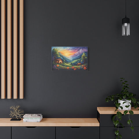 Sunset Valley Landscape Canvas Print — Cottage, Mountains & Wildflowers Matte Stretched