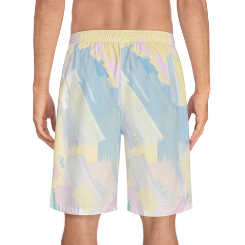 Pastel Brushstroke Board Shorts — Men's Beach Swim Trunks