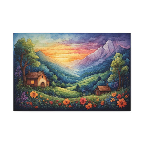 Sunset Valley Landscape Canvas Print — Cottage, Mountains & Wildflowers Matte Stretched