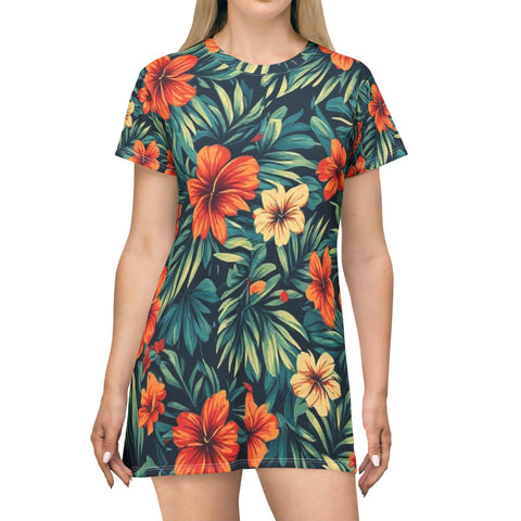Floral Hibiscus T-Shirt Dress — Tropical All-Over Print Summer Dress
