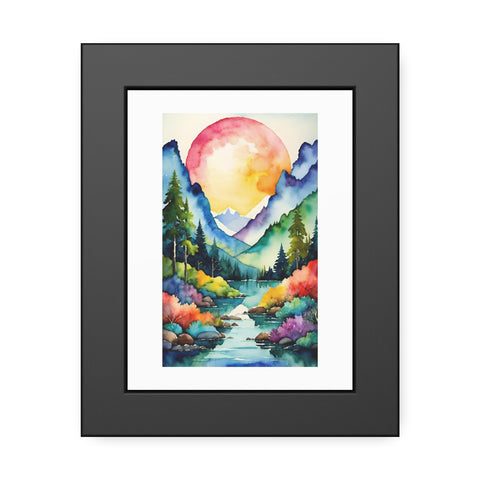 Watercolor Mountain Landscape Framed Poster — Vibrant Sunset River Wall Art