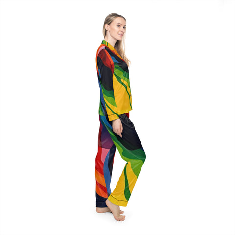 Women's Satin Pajama Set — Colorful Abstract Wave Print Sleepwear