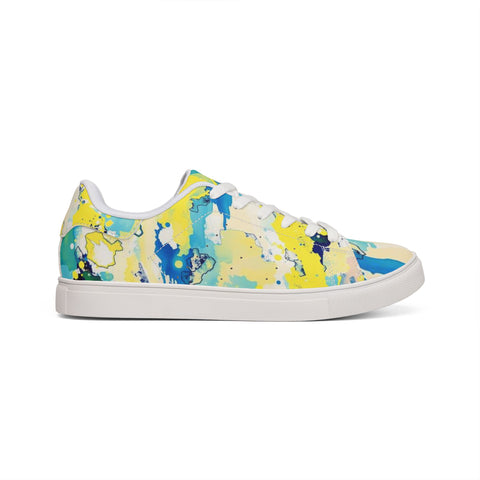 Abstract Watercolor Low-Top Leather Sneakers — Yellow Blue Splash