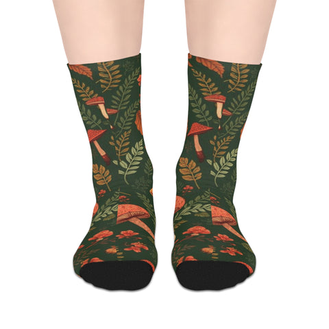 Autumn Mushroom Crew Socks — Forest Leaves & Fungi Mid-Calf Socks