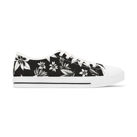 Low Top Sneakers — Black & White Floral Canvas Women's Casual Shoes