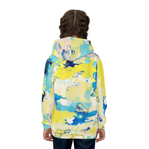 Kids Abstract Watercolor Hoodie – Blue & Yellow All-Over Print