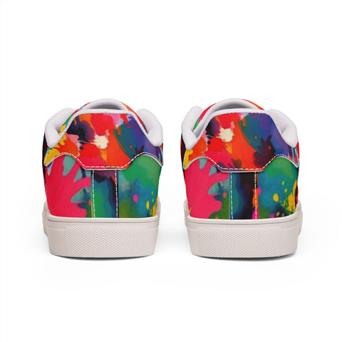 Men's Low-Top Leather Sneakers — Vibrant Multicolor Abstract Paint Splash Design