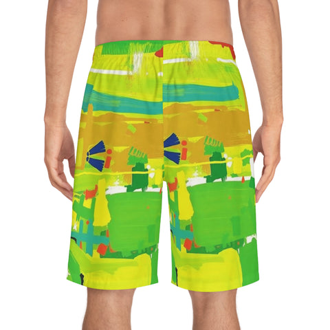 Men's Vibrant Abstract Board Shorts — Tropical Green AOP