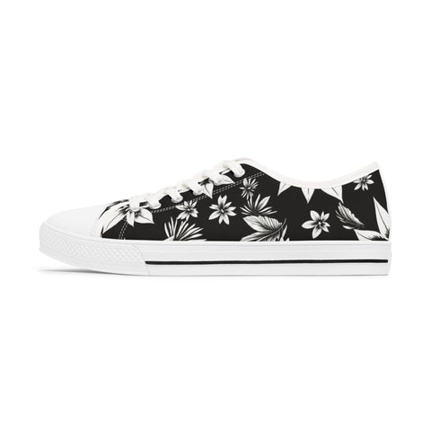 Low Top Sneakers — Black & White Floral Canvas Women's Casual Shoes