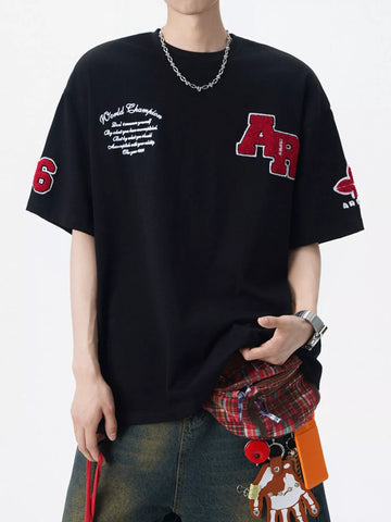 Men's Plus Size Varsity Style Applique Round Neck T-Shirt
