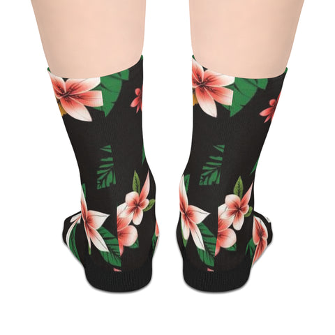 Tropical Plumeria Mid-Length Socks — Floral Black Crew Socks