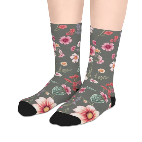 Floral Blooms Mid-Length Socks — Vintage Green Pink Flower Crew Socks