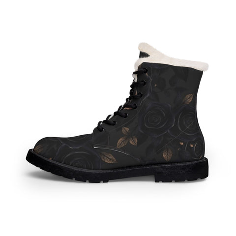 Women's Black Rose Fur-Lined Leather Boots — Warm Winter Lace-Up Combat Style