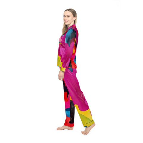 Satin Pajamas — Vibrant Abstract Color Splash Sleep Set